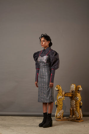 QUOD SUITING BODYCON DRESS WITH HANDWOVEN BANARASI BROCADE HIGHLIGHTS IN GREY