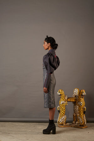 QUOD SUITING BODYCON DRESS WITH HANDWOVEN BANARASI BROCADE HIGHLIGHTS IN GREY