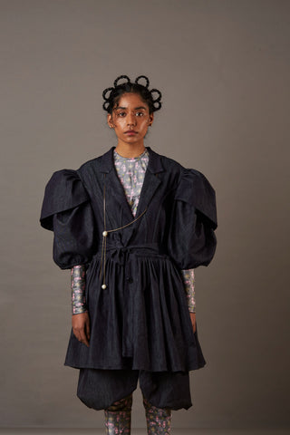 QUOD CSM DENIM COAT WITH HANDWOVEN BANARASI BROCADE BELT IN INDIGO