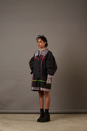 QUOD WOLF WING DENIM OVERCOAT WITH HANDWOVEN BANARASI BROCADE HIGHLIGHTS IN CHARCOAL