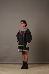 QUOD WOLF WING DENIM OVERCOAT WITH HANDWOVEN BANARASI BROCADE HIGHLIGHTS IN CHARCOAL