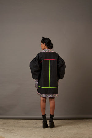 QUOD WOLF WING DENIM OVERCOAT WITH HANDWOVEN BANARASI BROCADE HIGHLIGHTS IN CHARCOAL