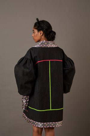 QUOD WOLF WING DENIM OVERCOAT WITH HANDWOVEN BANARASI BROCADE HIGHLIGHTS IN CHARCOAL