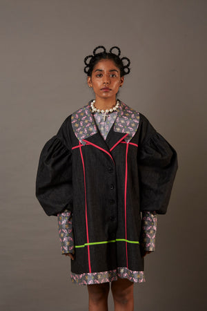 QUOD WOLF WING DENIM OVERCOAT WITH HANDWOVEN BANARASI BROCADE HIGHLIGHTS IN CHARCOAL