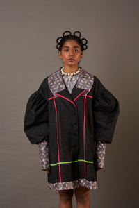 QUOD WOLF WING DENIM OVERCOAT WITH HANDWOVEN BANARASI BROCADE HIGHLIGHTS IN CHARCOAL