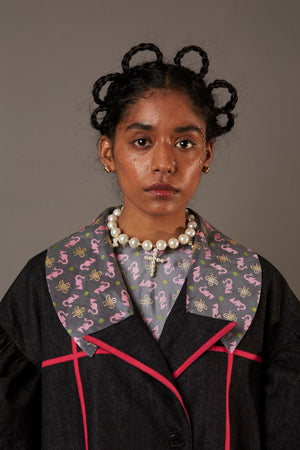 QUOD WOLF WING DENIM OVERCOAT WITH HANDWOVEN BANARASI BROCADE HIGHLIGHTS IN CHARCOAL