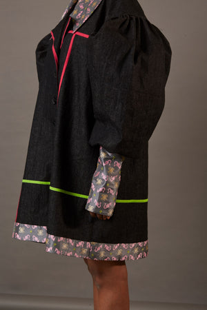 QUOD WOLF WING DENIM OVERCOAT WITH HANDWOVEN BANARASI BROCADE HIGHLIGHTS IN CHARCOAL