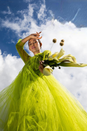 CHI KUYNH BOTTLEBRUSH TULLE DRESS LIME