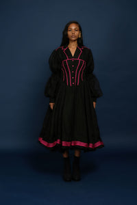 QUOD SILK AND TULLE DOUBLE TIE SLEEVE DRESS IN BLACK