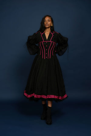 QUOD SILK AND TULLE DOUBLE TIE SLEEVE DRESS IN BLACK