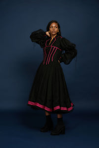 QUOD SILK AND TULLE DOUBLE TIE SLEEVE DRESS IN BLACK