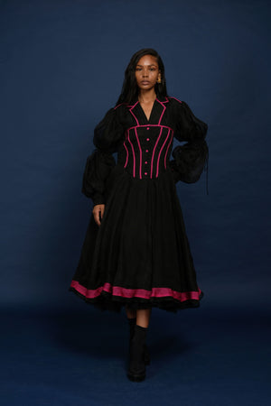QUOD SILK AND TULLE DOUBLE TIE SLEEVE DRESS IN BLACK