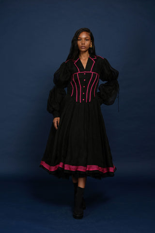 QUOD SILK AND TULLE DOUBLE TIE SLEEVE DRESS IN BLACK