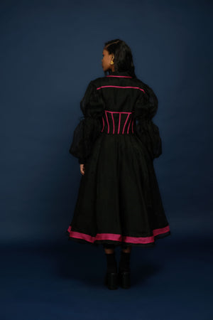 QUOD SILK AND TULLE DOUBLE TIE SLEEVE DRESS IN BLACK